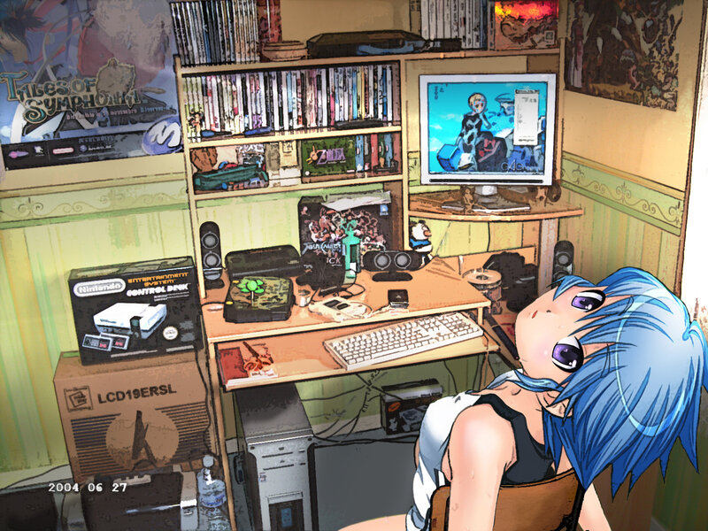Blue-haired anime girl at desk