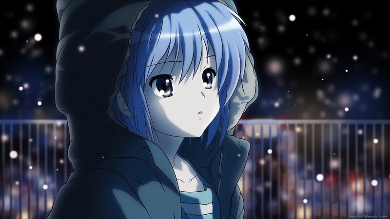 blue-haired anime girl at night