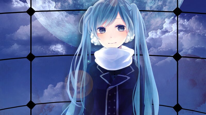 blue-haired anime girl at night