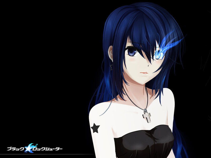 Blue-haired Anime Girl — Black, Dramatic, Cross Necklace