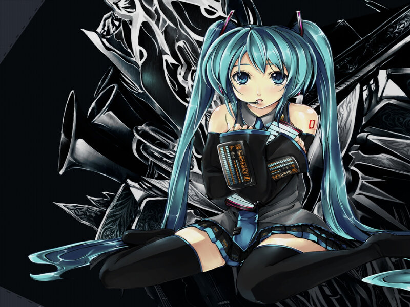 Blue-haired Anime Girl — Black, Dramatic, Digital Art, Pigtails