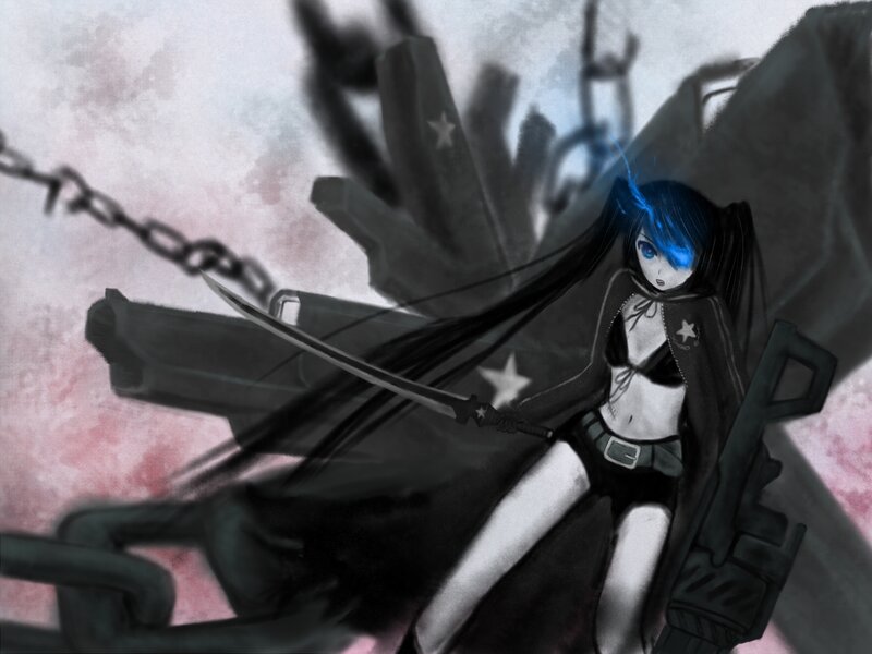 Blue-haired Anime Girl — Black, Dramatic, Digital Art, Sword
