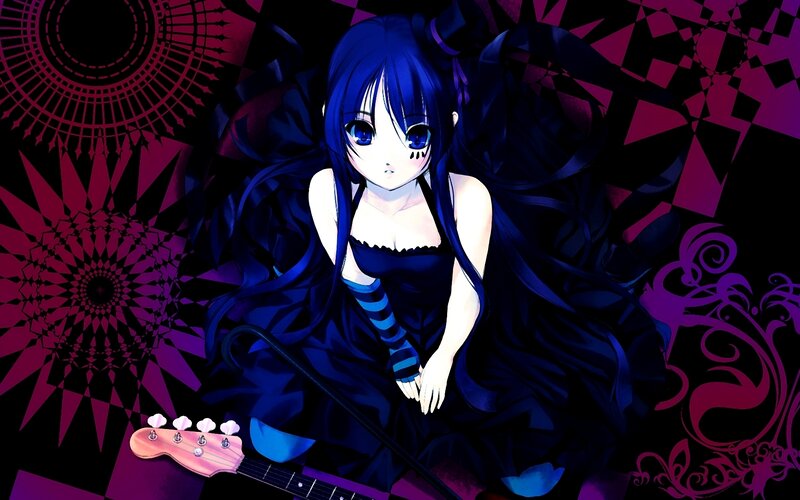 Blue-haired Anime Girl — Black, Dramatic, Guitar