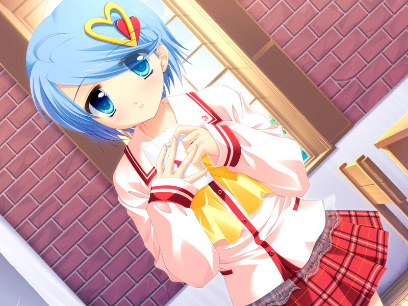 Blue-haired Anime Girl — Blue, Calm, Afternoon, School Uniform, Heart Accessory