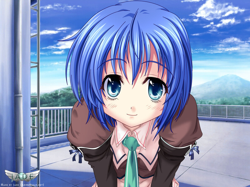 Blue-haired Anime Girl — Blue, Calm, Afternoon, School Uniform, Mountain