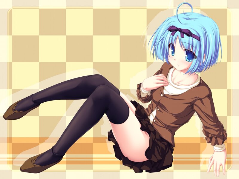 Blue-haired Anime Girl — Blue, Calm, Checkered Background
