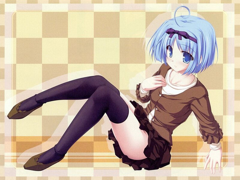 Blue-haired Anime Girl — Blue, Calm, Checkered Background, Tights