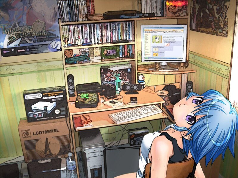Blue-haired Anime Girl — Blue, Calm, Desk, Computer