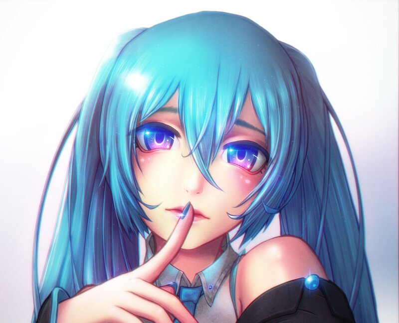 Blue-haired Anime Girl — Blue, Calm, Digital Art, Finger on Lips