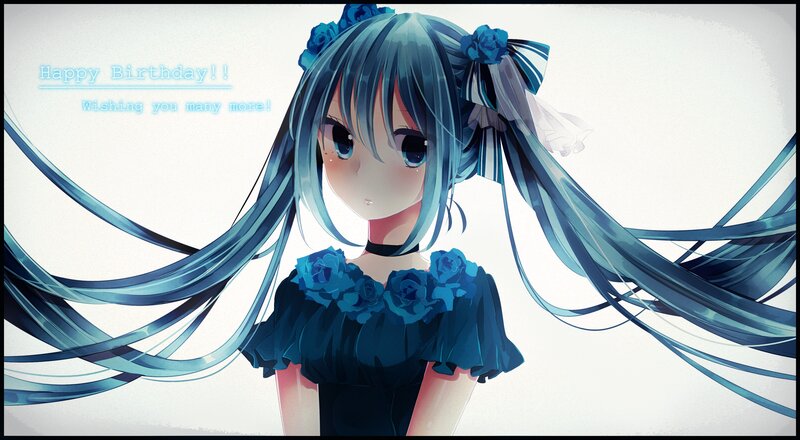 Blue-haired Anime Girl — Blue, Calm, Digital Art, Flowers, Bows
