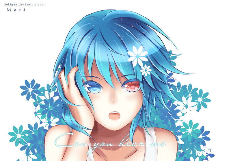 Blue-haired Anime Girl — Blue, Calm, Digital Art, Flowers