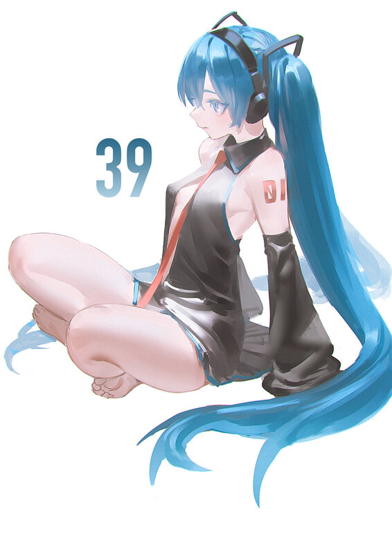 Blue-haired Anime Girl — Blue, Calm, Digital Art, Headphones, Long Hair