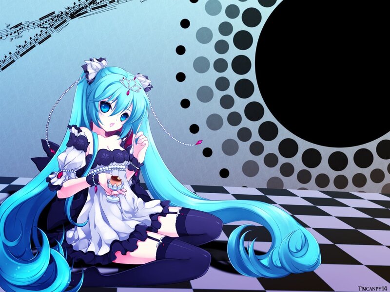 Blue-haired Anime Girl — Blue, Calm, Digital Art, Music Notes, Checkered Floor