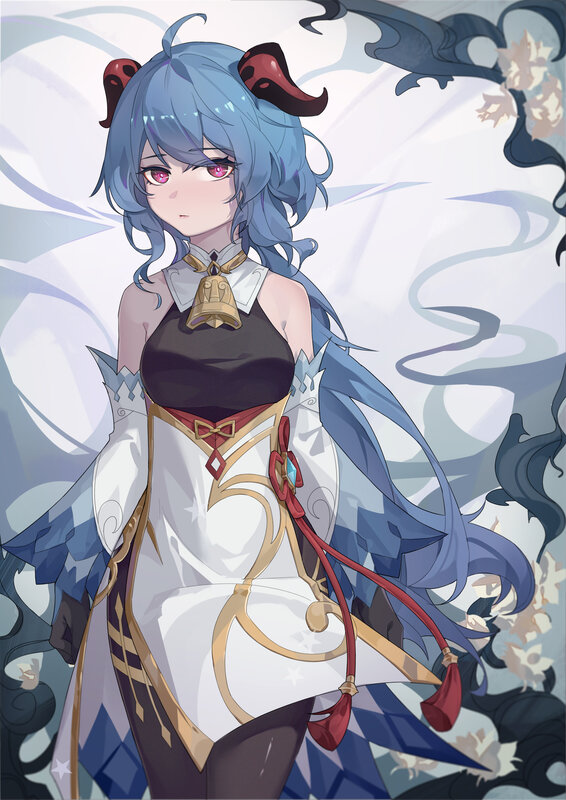 Blue-haired Anime Girl — Blue, Calm, Digital Art, Red Horns