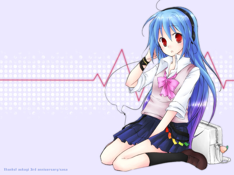Blue-haired Anime Girl — Blue, Calm, Headphones, School Uniform