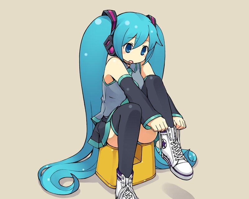 Blue-haired Anime Girl — Blue, Calm, Headphones, Sneakers