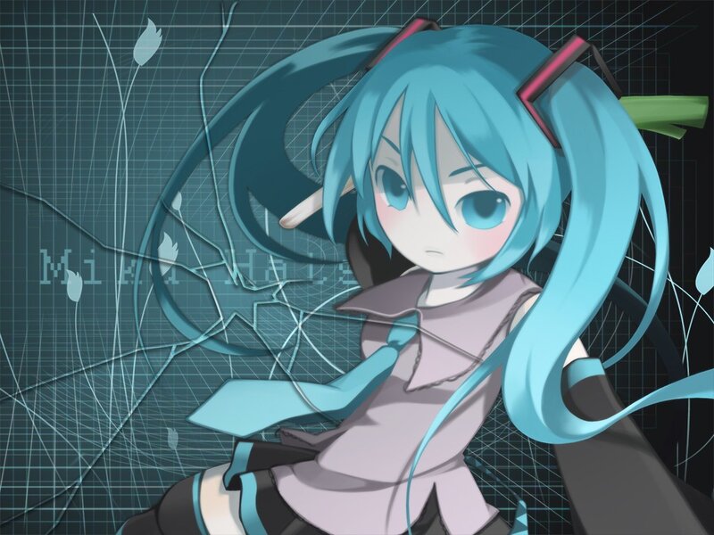 Blue-haired Anime Girl — Blue, Calm, Long Hair, Grid Background