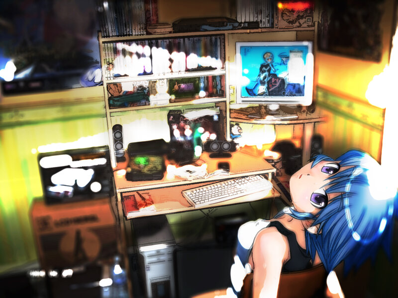 Blue-haired Anime Girl — Blue, Calm, Night, Computer Desk