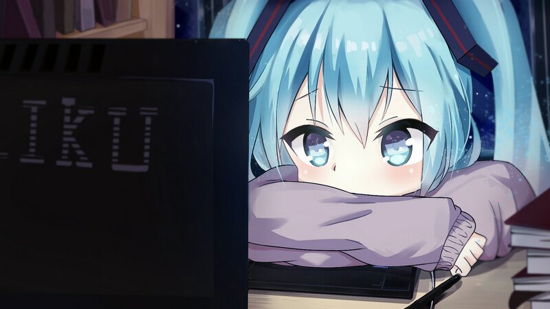 Blue-haired Anime Girl — Blue, Calm, Night, Computer Monitor