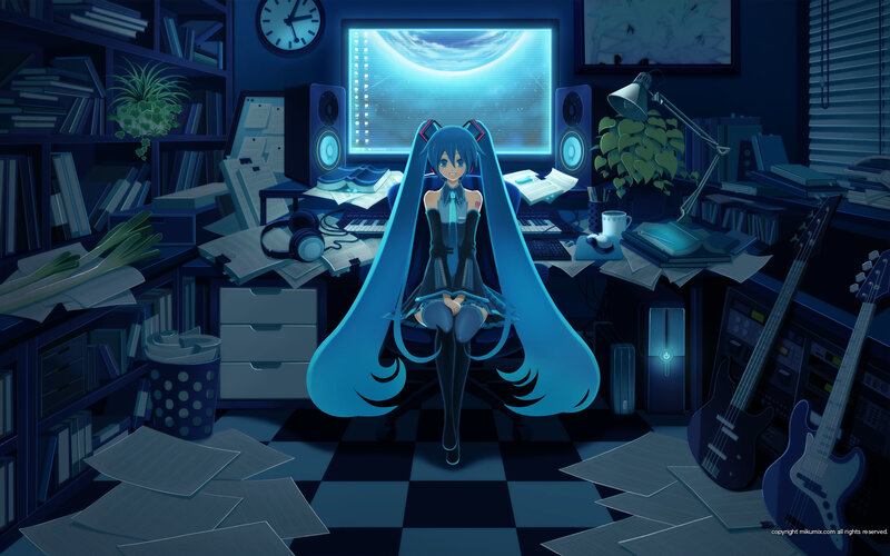 Blue-haired Anime Girl — Blue, Calm, Night, Desk, Computer