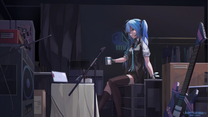 Blue-haired Anime Girl — Blue, Calm, Night, Digital Art, Guitar