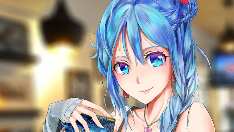 Blue-haired Anime Girl — Blue, Calm, Phone