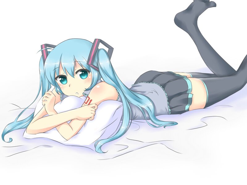 Blue-haired Anime Girl — Blue, Calm, Pillow, Bed, Long Hair
