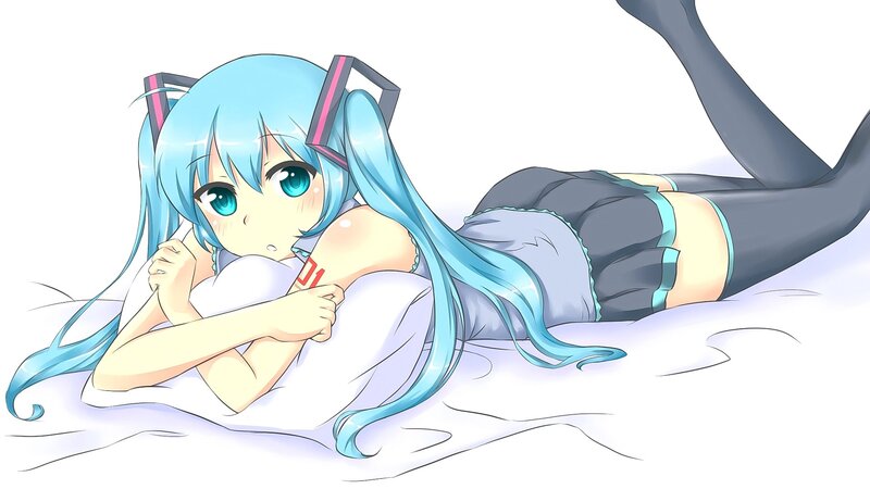 Blue-haired Anime Girl — Blue, Calm, Pillow, Bed