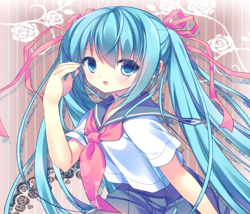 Blue-haired Anime Girl — Blue, Calm, School Uniform, Pink Ribbons
