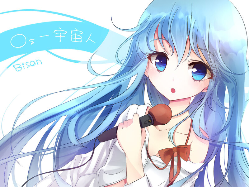 Blue-haired Anime Girl — Blue, Cheerful, Microphone