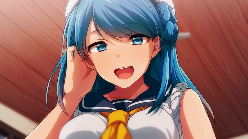 Blue-haired Anime Girl — Blue, Cheerful, Sailor Uniform