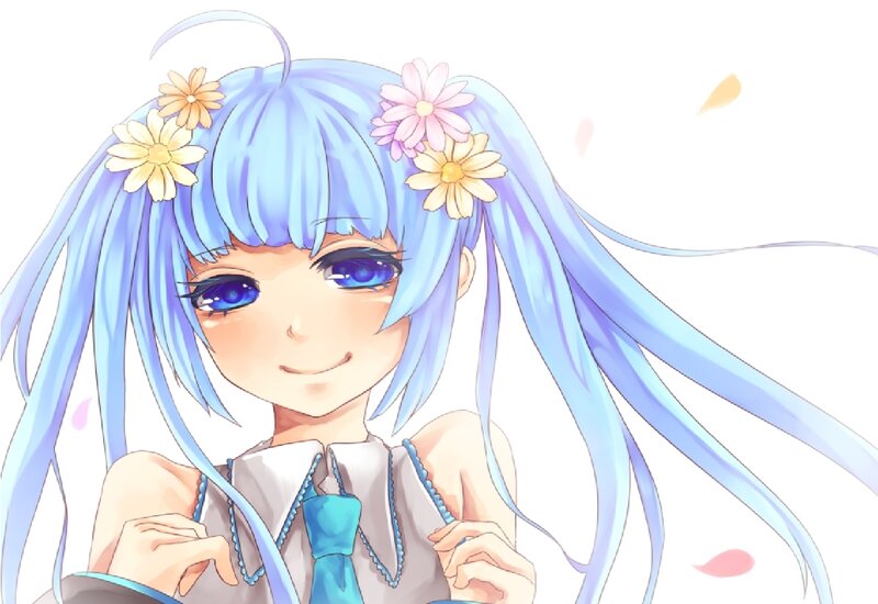 Blue-haired Anime Girl — Blue, Cheerful, Spring, Flowers