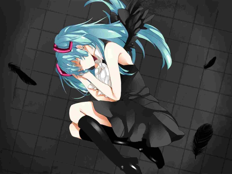 Blue-haired Anime Girl — Blue, Dramatic, Black Feathers