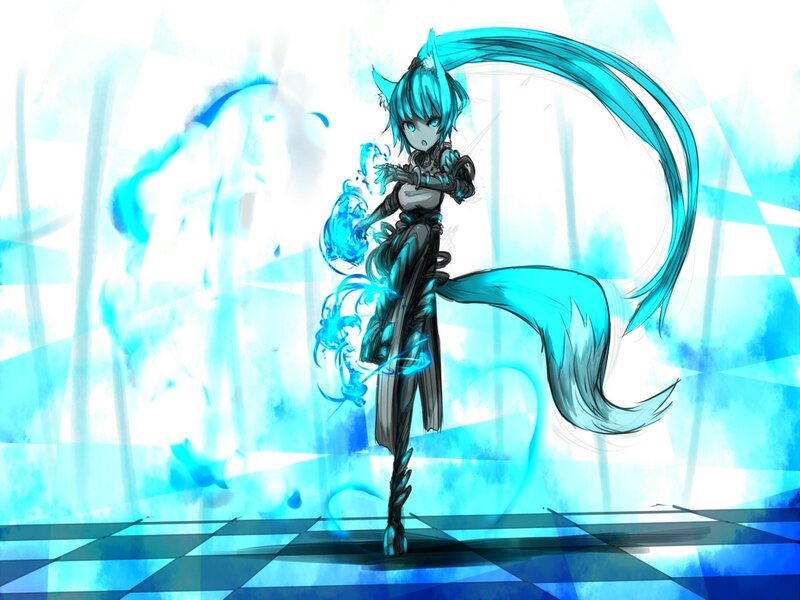 Blue-haired Anime Girl — Blue, Dramatic, Digital Art, Cat Ears, Tail
