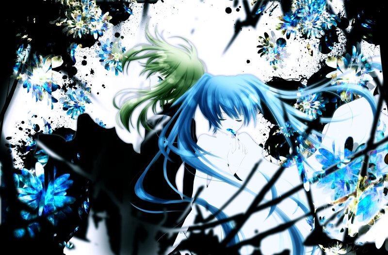 Blue-haired Anime Girl — Blue, Dramatic, Digital Art, Flowers