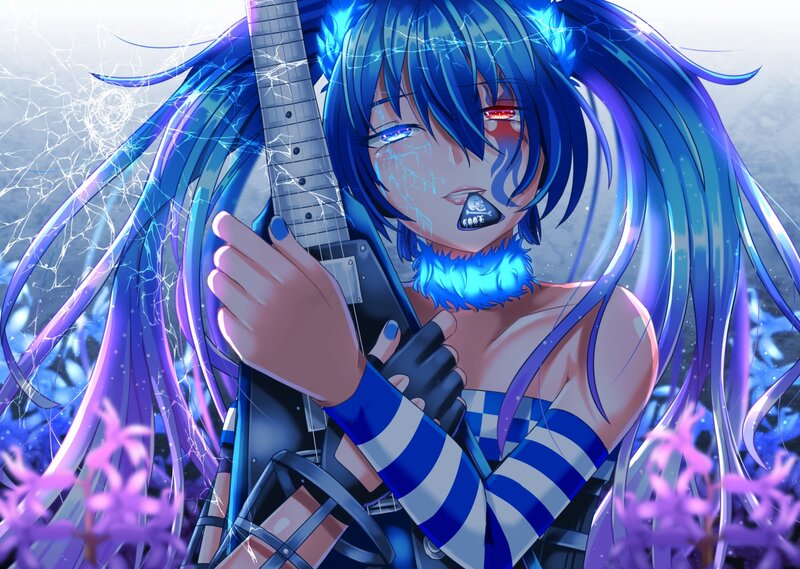 Blue-haired Anime Girl — Blue, Dramatic, Digital Art, Guitar