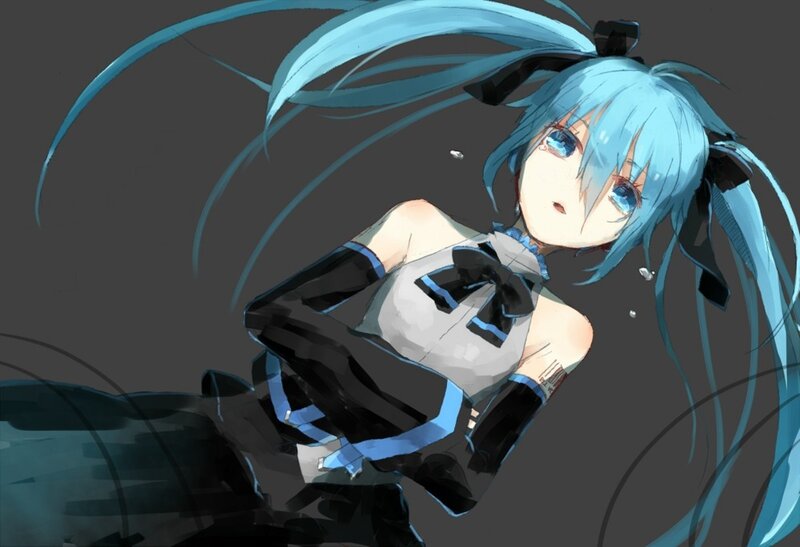 Blue-haired Anime Girl — Blue, Dramatic, Digital Art, Long Hair, Black Bow