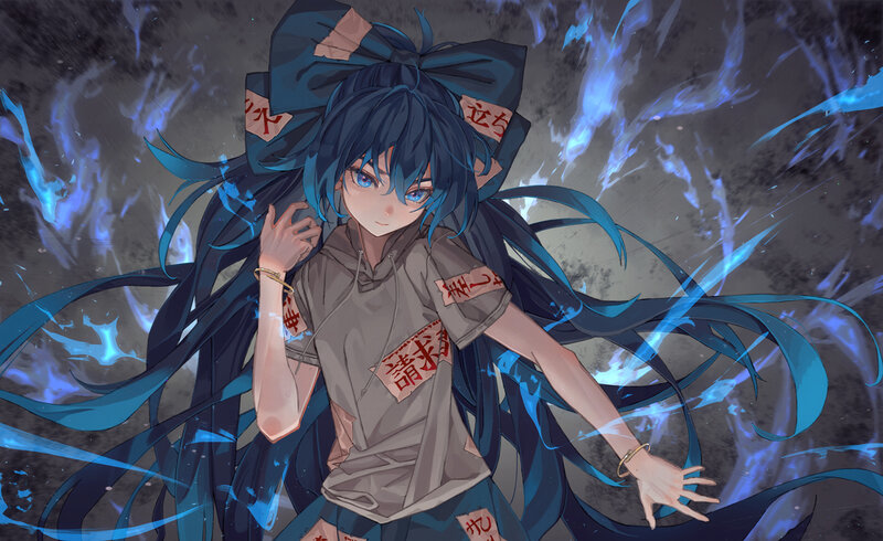 Blue-haired Anime Girl — Blue, Dramatic, Digital Art, Long Hair, Hoodie