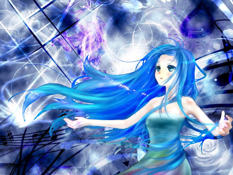 Blue-haired Anime Girl — Blue, Dramatic, Digital Art, Music Notes