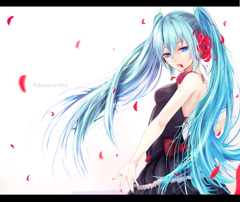 Blue-haired Anime Girl — Blue, Dramatic, Digital Art, Red Rose