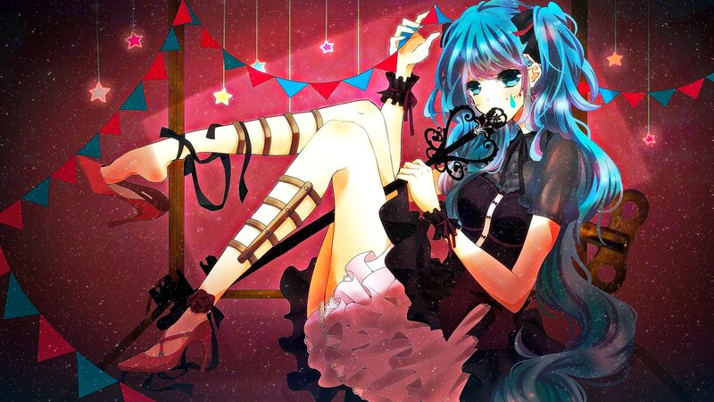 Blue-haired Anime Girl — Blue, Dramatic, Night, Bunting