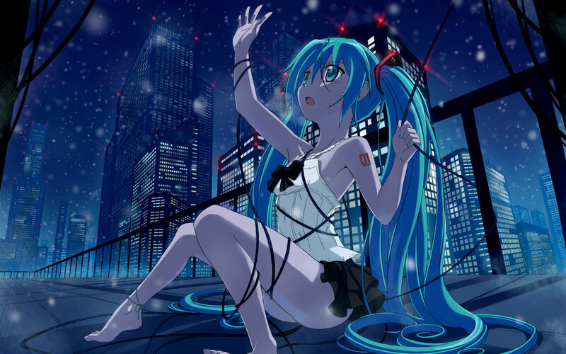 Blue-haired Anime Girl — Blue, Dramatic, Night, City Skyline, Snow, Cables, Black