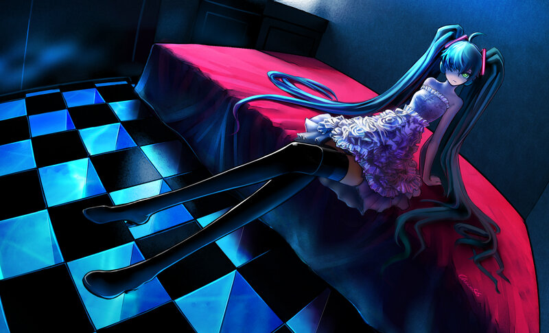 Blue-haired Anime Girl — Blue, Dramatic, Night, Digital Art, Bed