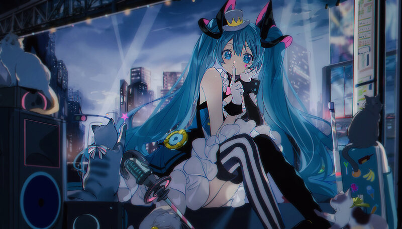 Blue-haired Anime Girl — Blue, Dramatic, Night, Digital Art, Cat