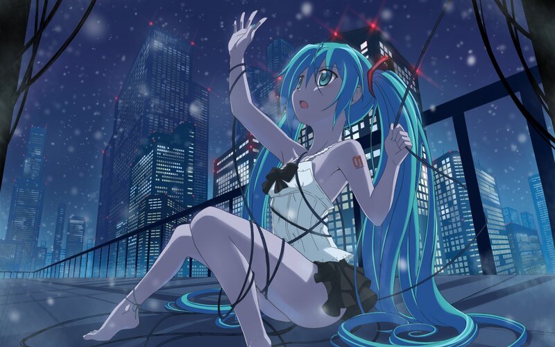 Blue-haired Anime Girl — Blue, Dramatic, Night, Digital Art, City Skyline