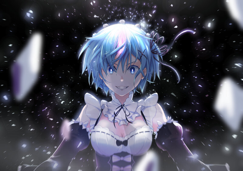 Blue-haired Anime Girl — Blue, Dramatic, Night, Digital Art, Frilly Dress