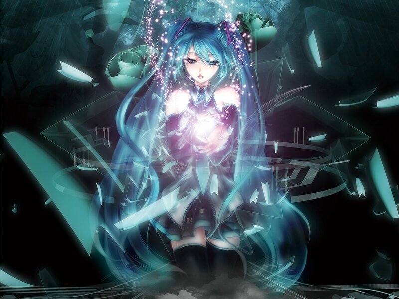 Blue-haired Anime Girl — Blue, Dramatic, Night, Digital Art, Glowing Orb, Shattered Glass, Rose