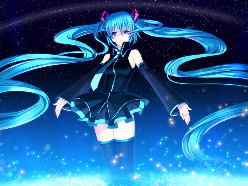 Blue-haired Anime Girl — Blue, Dramatic, Night, Digital Art, Long Hair, Space