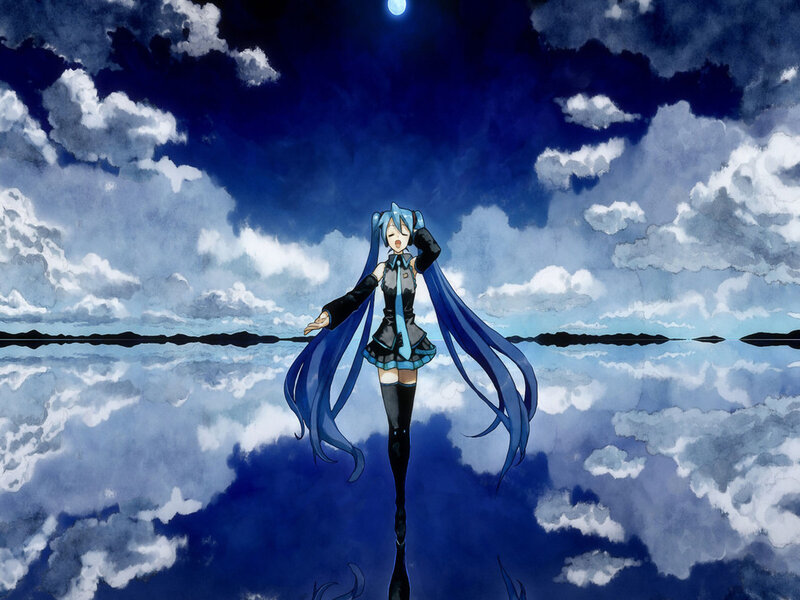 Blue-haired Anime Girl — Blue, Dramatic, Night, Digital Art, Moon, Clouds