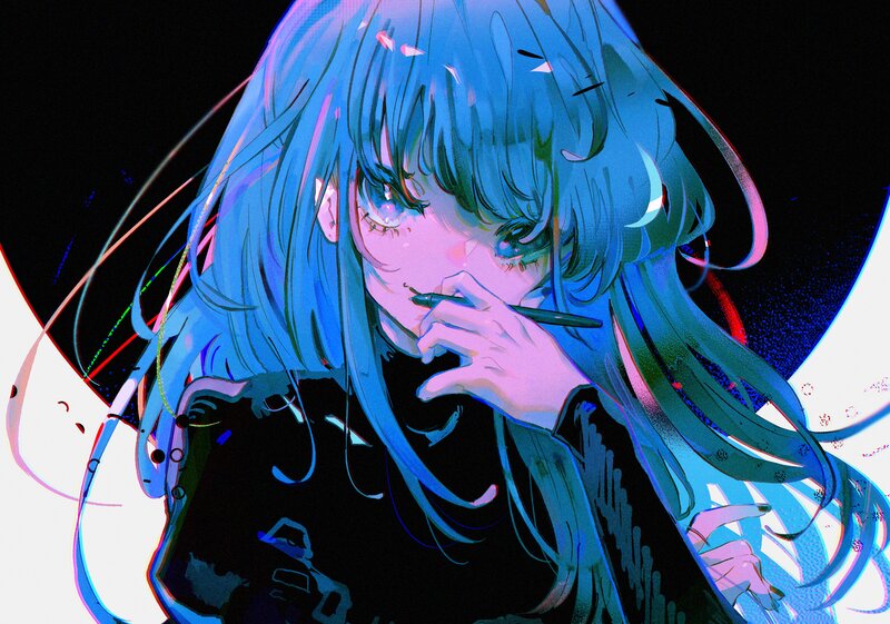 Blue-haired Anime Girl — Blue, Dramatic, Night, Digital Art, Pen